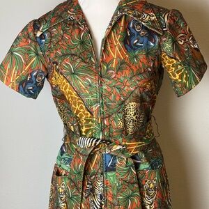 Amazing 60s 70s Safari Jungle Print Wide Leg Jumpsuit XS/S